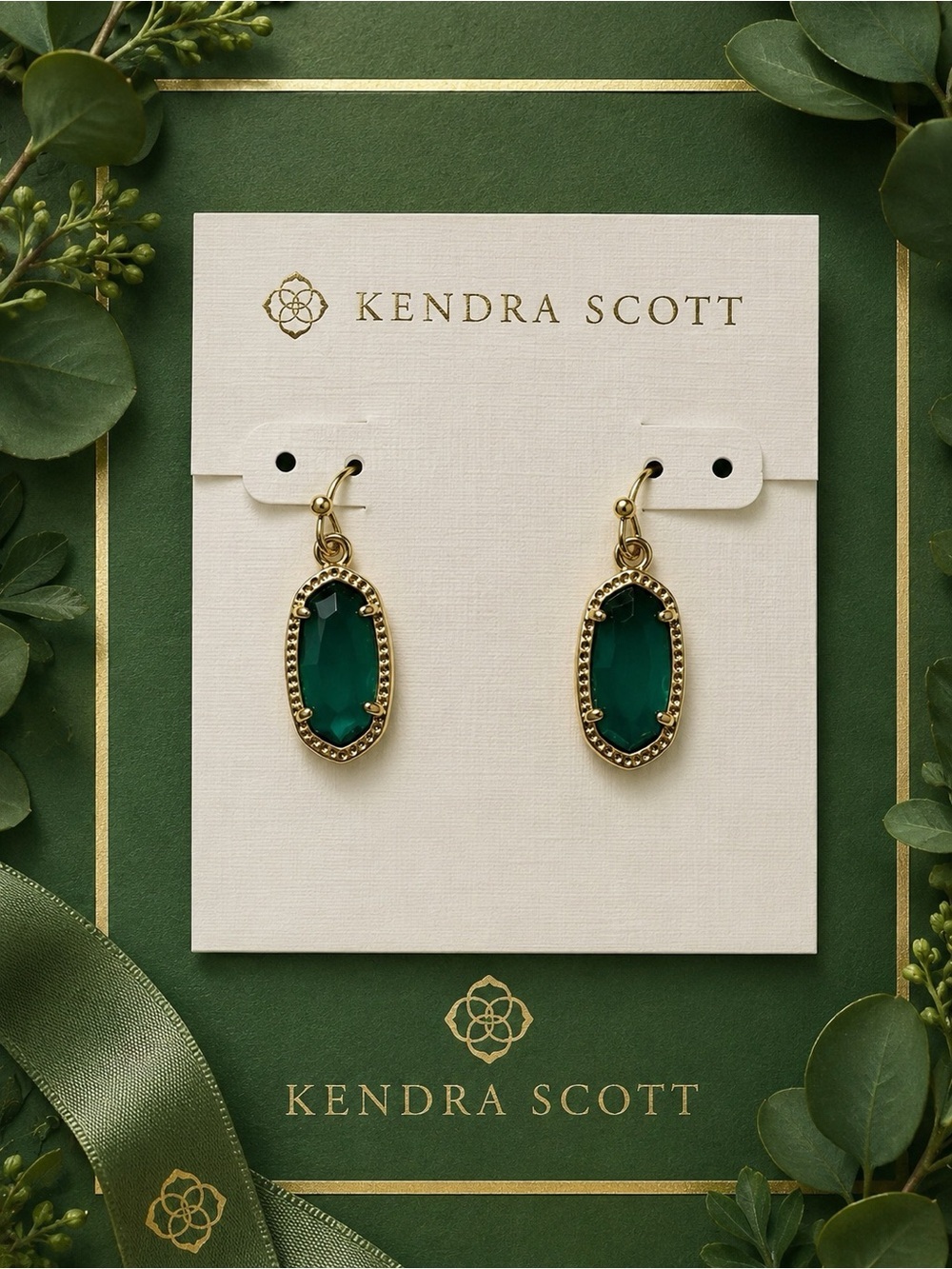 Kendra Scott Gold Drop Earrings with Deep Emerald Green Stones